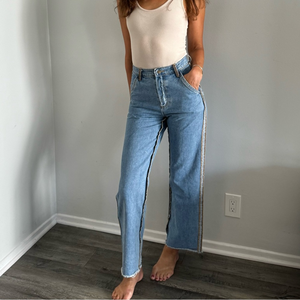 Storets Jeans, Distressed Exposed Seams, Wide Leg, High Waist, Size Small